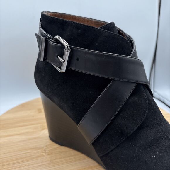 Aquatalia Tillie Suede Wedge Booties Womens 10 Black Cross Buckle Strap - Picture 8 of 12